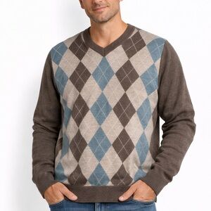 Banana Republic Men's V-Neck Argyle Sweater in Brown, Tan, and Blue
